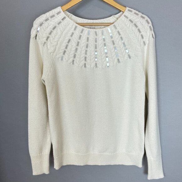 NWT‎ LOFT Sweater Ivory Sequins White Size Small Women FLAWED Holiday Christmas - Picture 1 of 12